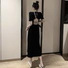 Open-back Side-slit Knit Midi Dress Black - One Size