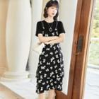 Set: Short-sleeve Plain T-shirt + Bow Print Overall Dress