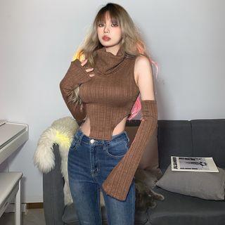 Set: Turtleneck Crop Knit Top + Arm Sleeves