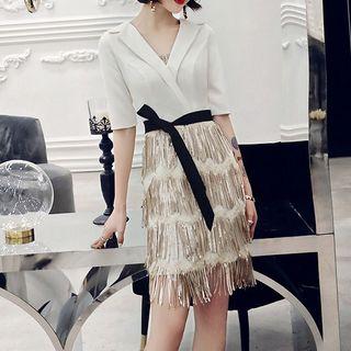 Elbow-sleeve Glitter Fringed Dress