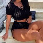 Set: Short-sleeve Tie-strap Cropped Knit Top + Shorts