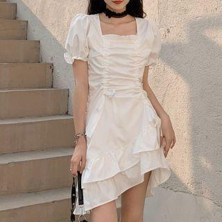 Puff-sleeve Square Neck Ruffle Hem Ruched Mini Dress / Midi Dress