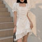 Puff-sleeve Square Neck Ruffle Hem Ruched Mini Dress / Midi Dress