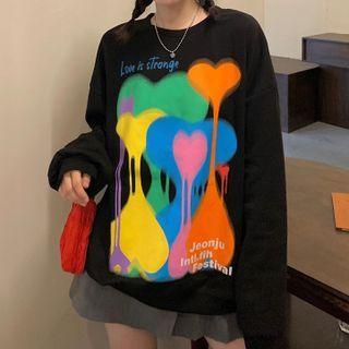 Heart Print Sweatshirt Black - One Size