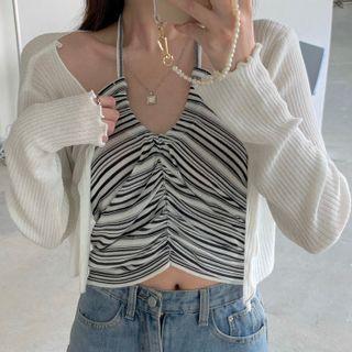 Set: Halter-neck Striped Crop Top + Cardigan Set - One Size