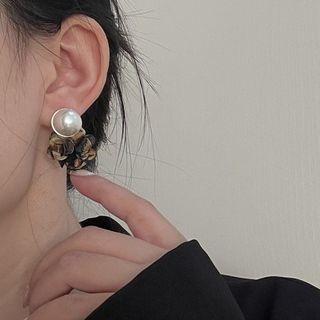 Faux Pearl Flower Earring 1 Pair - Silver Stud - Black & Khaki - One Size