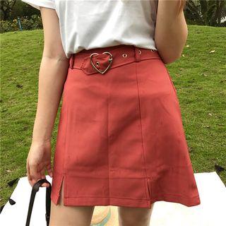 Plain Slit-side A-line Skirt With Heart Buckle Belt