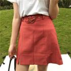 Plain Slit-side A-line Skirt With Heart Buckle Belt