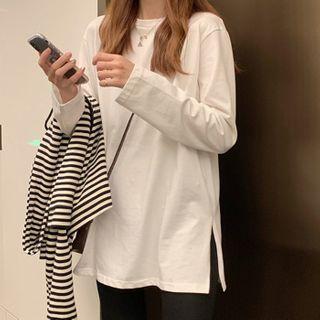 Long-sleeve Plain Slit T-shirt White - One Size