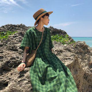 Elbow-sleeve Plaid Midi Dress Green - One Size