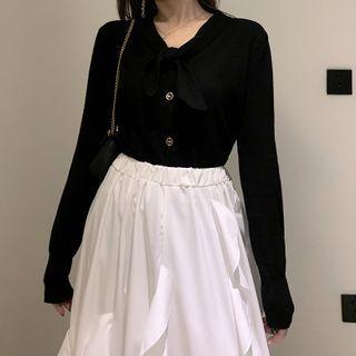 V-neck Ribbon Knit Top Black - One Size