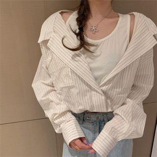 Mock Two-piece Pinstriped Shirt Khaki - One Size
