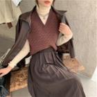 Faux Leather Jacket / V-neck Knit Vest / Turtle Neck Long-sleeve Plain Top / High-waist Pleated Midi Skirt