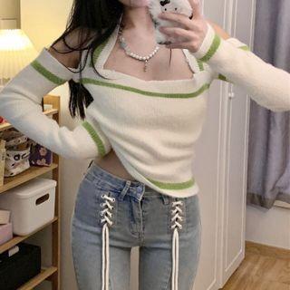 Halter Off-shoulder Sweater White & Green - One Size