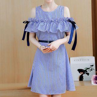 Bow Accent Cut Out Shoulder Short Sleeve Dress