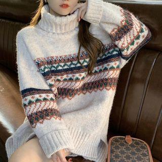 Patterned Turtleneck Sweater Beige - One Size