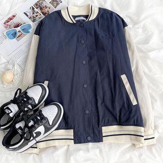 Long-sleeve Color Block Bomber Jacket Blue - One Size