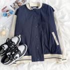 Long-sleeve Color Block Bomber Jacket Blue - One Size