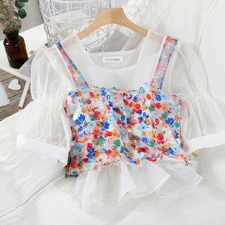 Set: Short-sleeve Mesh Top + Sleeveless Sequined Top Set Of 2 - Top - White - One Size / Camisole - White - One Size