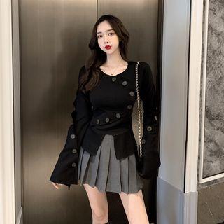Irregular Buttoned Long-sleeve Slim-fit Top / Pleated Skirt
