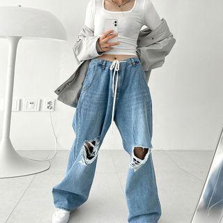 Low-rise Wide Leg Ripped Jeans