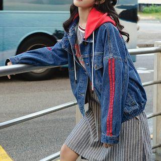 Contrast-trim Buttoned Hooded Denim Jacket