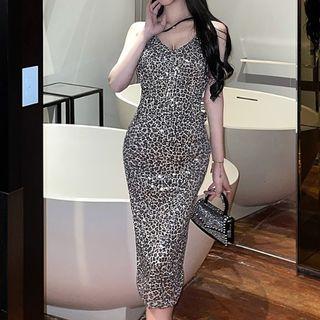 Spaghetti Strap Sequin Leopard Print Midi Sheath Dress
