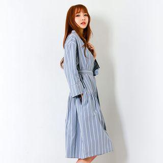 Mandarin-collar Stripe Shirtdress With Sash