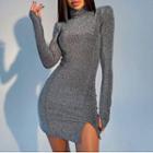 Long Sleeve Mock Neck Shimmer Slit Mini Dress