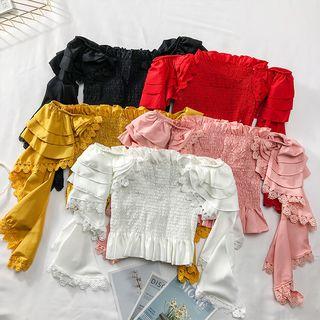 Boatneck Ruffled-trim Smocked Crop Top