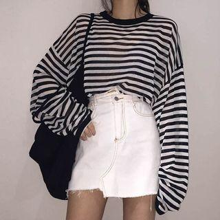 Striped Long-sleeve T-shirt As Shown In Figure - One Size