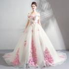 Off-shoulder Elbow-sleeve Flower Applique Wedding Gown With Train