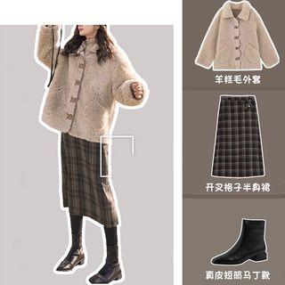 Set: Single Breasted Coat + Plaid Midi A-line Skirt