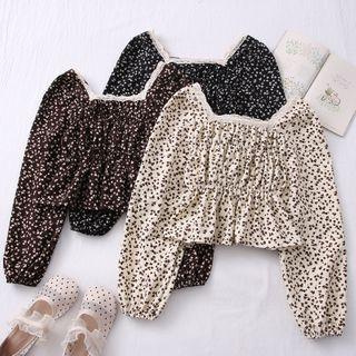 Lace-neckline Floral Crop Top