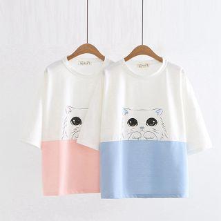 Cat Print Two-tone Short-sleeve T-shirt