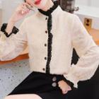 Lace Trim Long Sleeve Fringed Blouse