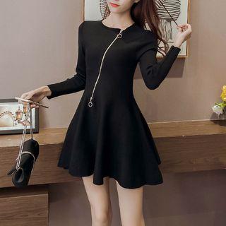 Zip Front Long Sleeve A-line Dress