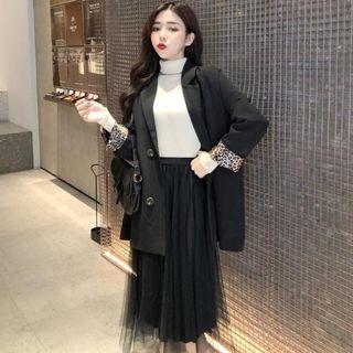 Plain Double-breasted Blazer / Mesh Midi A-line Skirt