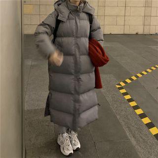 Long-sleeve Plain High-neck Hooded Padded Jacket