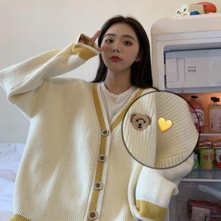 Bear Embroidered Ribbed Knit Cardigan