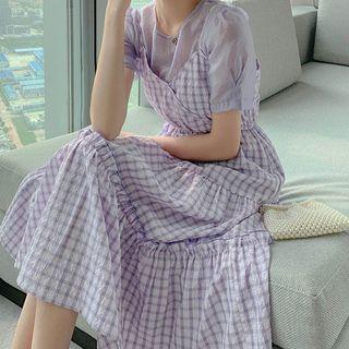 Set: Short-sleeve Top + Strappy Plaid Midi A-line Dress
