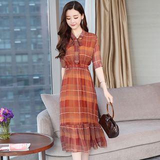 Patterned Elbow-sleeve Chiffon Dress