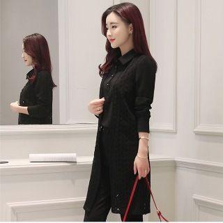 Set Of 3: Long-sleeve Blouse + Slim-fit Pants + Sleeveless Long Cardigan