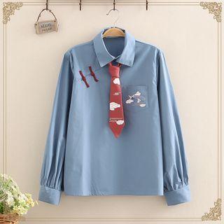 Crane Print Frog Button Long-sleeve Shirt