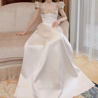 Puff-sleeve Sequined Panel A-line Evening Gown