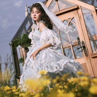 Elbow-sleeve Lace Trim Dress / Lace Arm Sleeve / Veil / Set