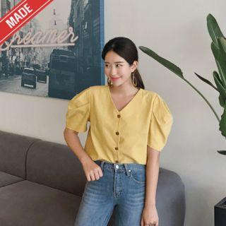 Linen Blend V-neck Puff-sleeve Blouse