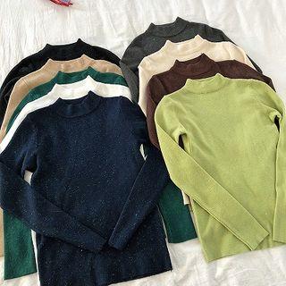 Plain Mock-neck Glitter Slim-fit Long-sleeve Knit Top