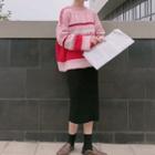 Patterned Sweater / Back Slit Midi Knitted Skirt