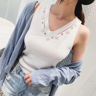 Faux Pearl Rhinestones Tank Top